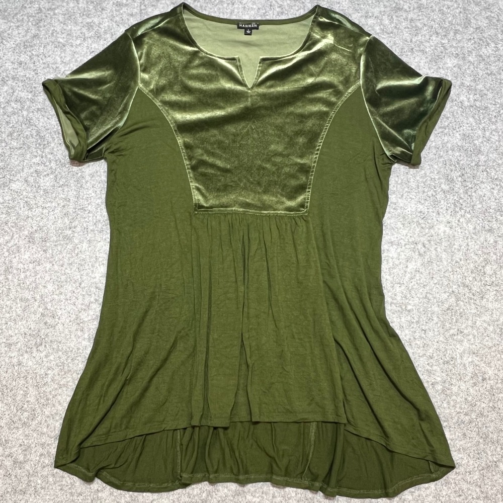 Hannah Womens Olive Green‎ Velvet Trim Babydoll Tunic Top High Low Large